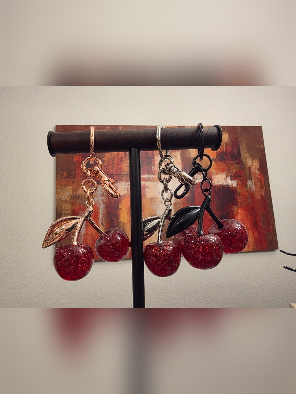 Sparkling Cherry Keychain- Red Glitter- Choose RoseGold Silver Or Black Hardware